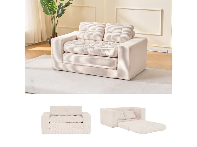 Canapé convertible 2 places en lit pliant sans cadre - coussins amovibles, velours côtelé - beige - Conforama B