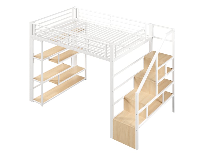 Lit mezzanine blanc 140x200 cm, led, escalier avec rangement et cadre métal Fay Lum - Conforama R