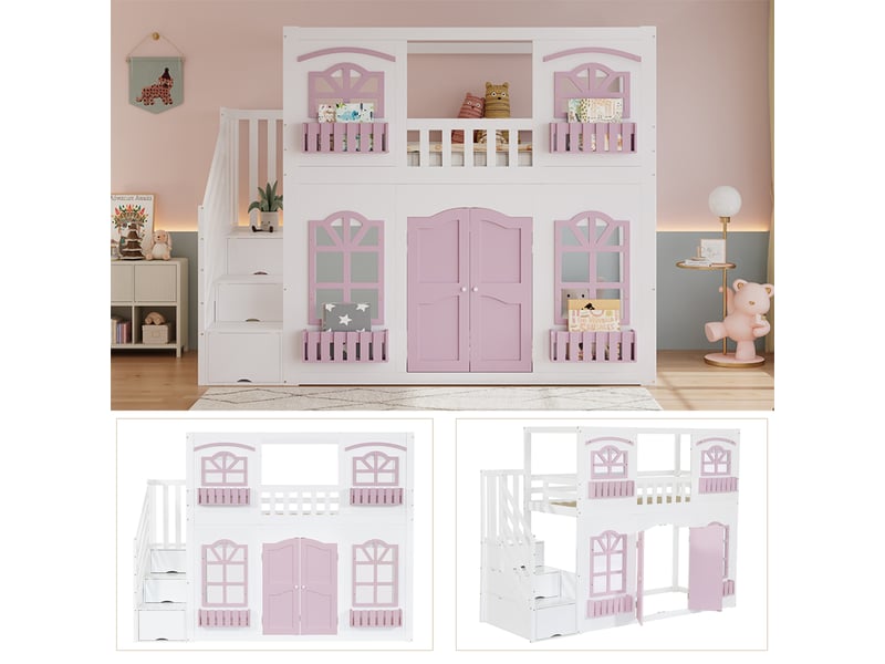  Lit superposé enfant 90x200 cm - avec portes et fenêtres - escalier avec rangements - rayonnage de stockage - bois massif + mdf - blanc + rose (sans matelas)  - Conforama R