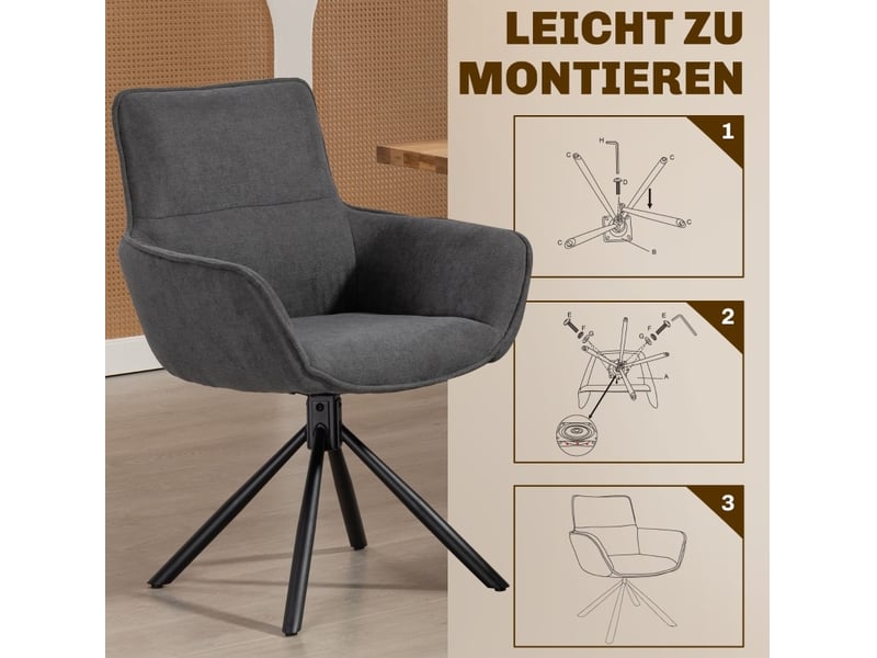  Lot de 2 chaises de salle à manger 67x64x87 cm en métal gris foncé, pivotantes, doté d'accoudoirs  - Conforama D