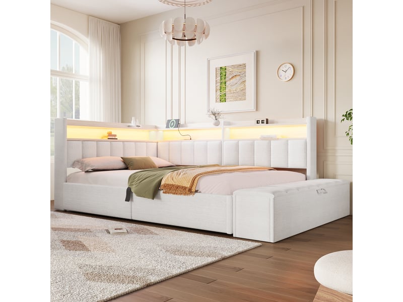 Lit coffre 140 x 200 cm avec rangement hydraulique, led et usb-atype-c, lit rembourré en velours beige avec banc coffre mobile et rangements - Conforama C