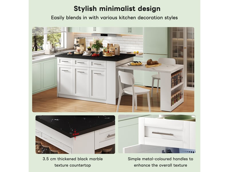  Desserte de cuisine avec 6 tiroirs, 3 portes et table escamotable, rangement, pour cuisine, 150×90×90 cm  - Conforama E