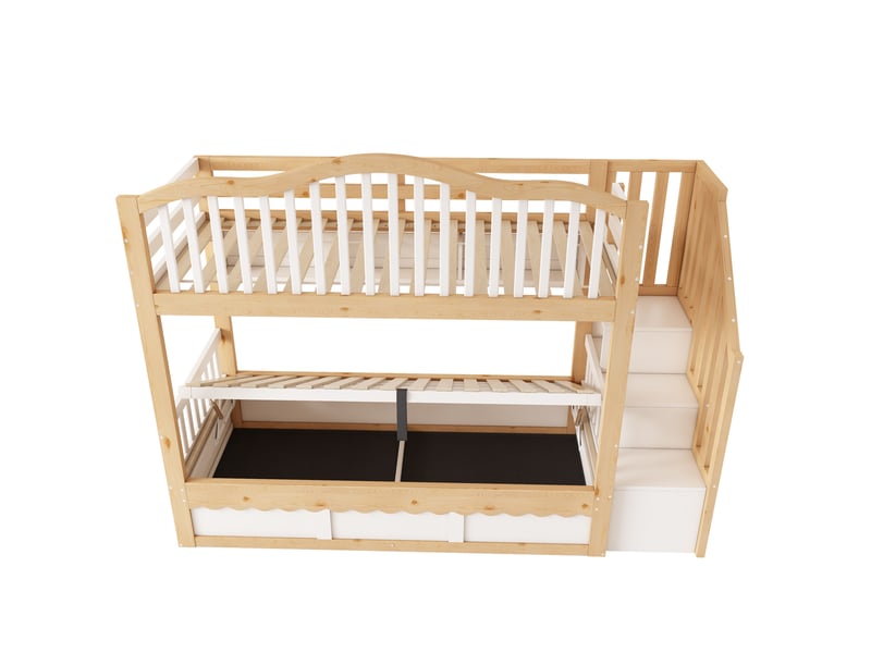  Lit superposé enfant 90x200 cm – blanc et chêne – rangement hydraulique et étagères - sans matelas  - Conforama D