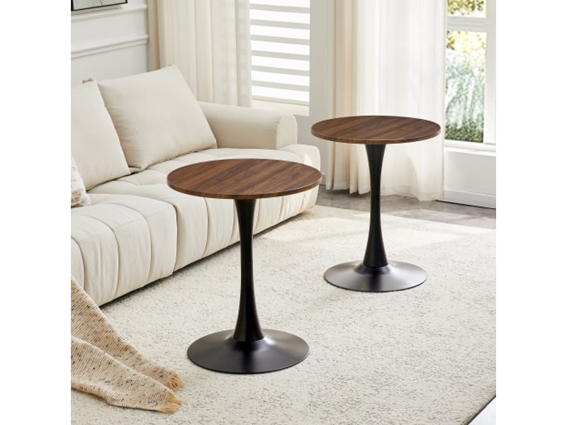 Table ronde 60 cm mdf – plateau thermoformé effet noyer, piètement noir – petite table à manger, design européen - Conforama E