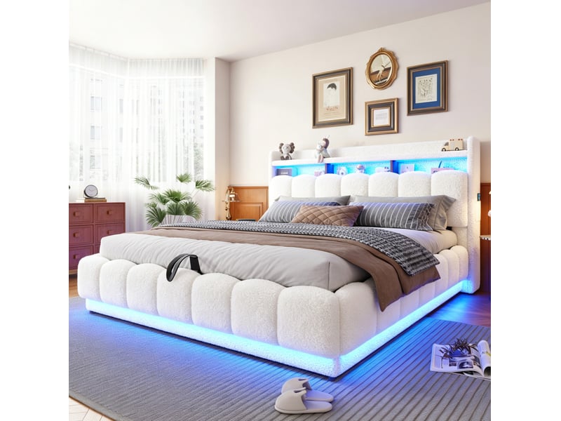  Lit coffre 180 × 200 cm 2 places avec led, usb et prise, sans matelas, en tissu teddy et métal, blanc  - Conforama B
