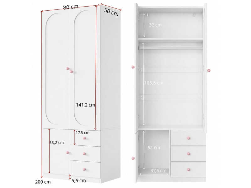 Armoire 2 portes avec 3 tiroirs, penderie et étagères, poignées en céramique, pour chambre, blanc, 80 × 50 × 200 cm - Conforama E