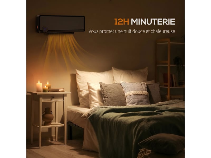  Radiateur mural soufflant oscillant 2000 w, chauffage céramique ptc, 3 niveaux de puissance, 56x11,7x18,5cm, noir  - Conforama D
