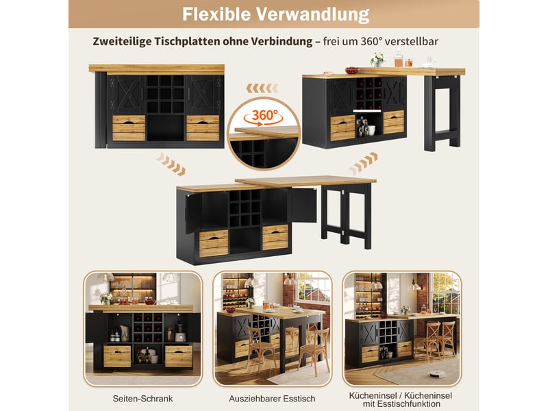  Table à manger extensible avec buffet 120-197x40x72 cm,plateau pivotant 360°,tiroir,porte-bouteilles amovible,gain de place,noir  - Conforama D