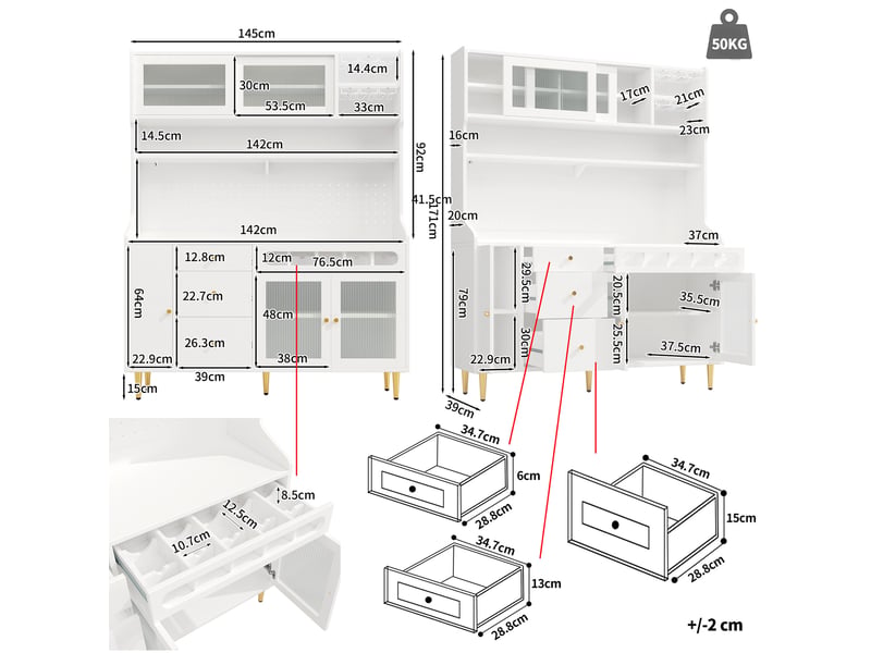  Vaisselier haut 145x39x171 cm – blanc – éclairage led connecté, rangements ajustables, tiroirs et range-bouteilles  - Conforama C