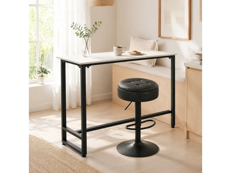  Tabouret de bar pivotant avec coffre de rangement, repose-pieds et hauteur réglable, en simili cuir charbon  - Conforama B