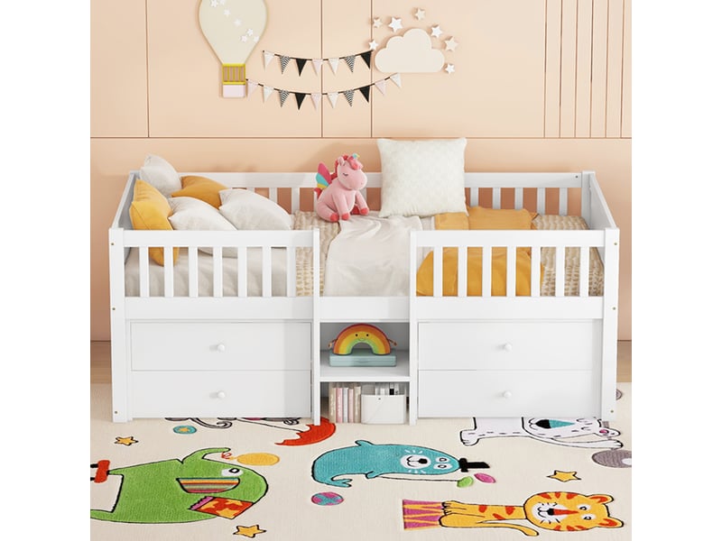  Lit enfant 90x200 cm mi-haut avec 4 tiroirs et échelle, pin et mdf, blanc, sans matelas  - Conforama B