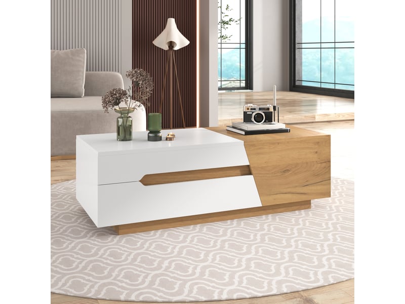 Table basse coulissante avec 2 tiroirs et rangements pour salon en mdf 120×50×37,5 cm blanc et bois naturel - Conforama C