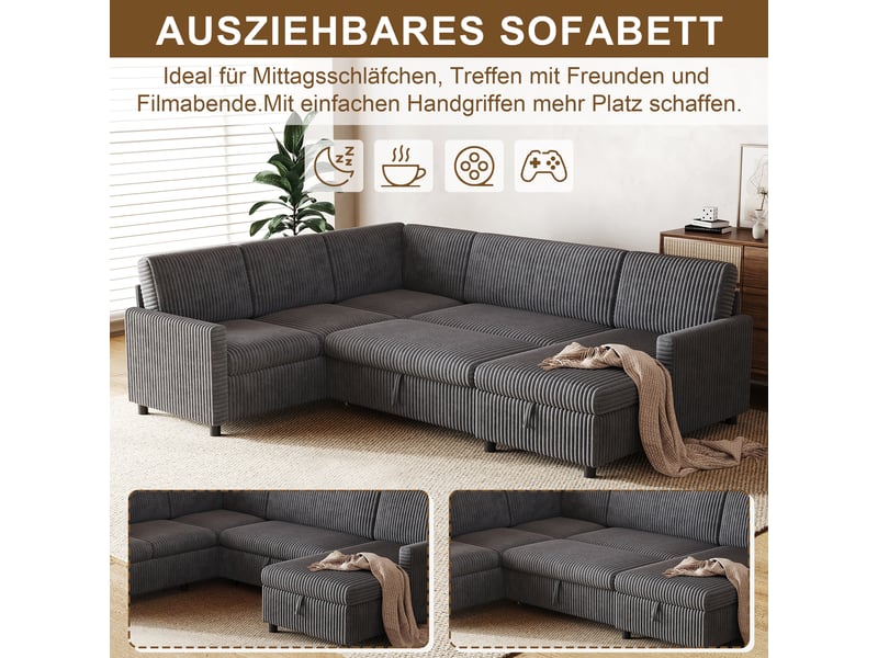  Canapé panoramique gris en velours côtelé, 220 × 274 × 85 cm, avec couchage et rangement, pour salon  - Conforama C