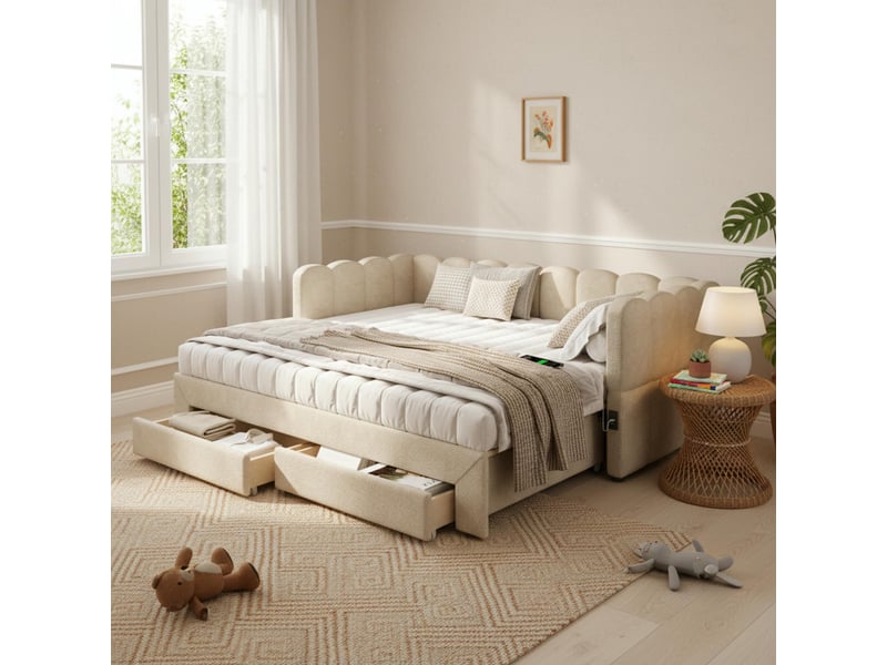 Lit banquette extensible 90 × 190 à 180 × 190 cm, 2 tiroirs, chenille beige IKSETERA TRADING LTD - Conforama E