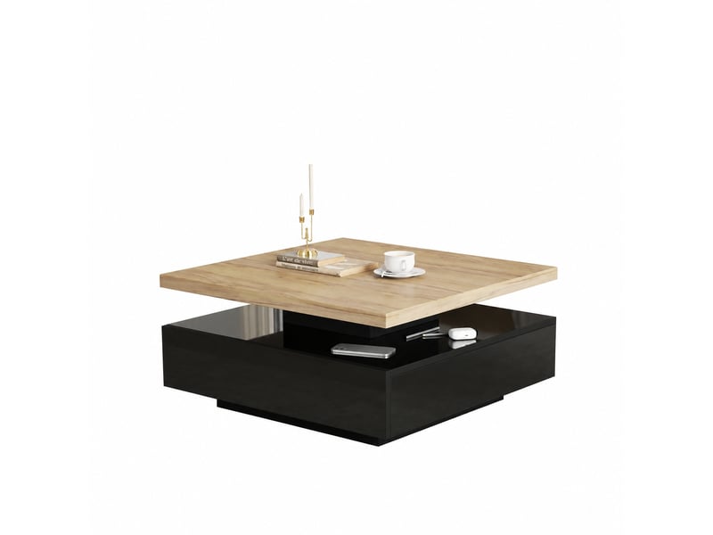  Table basse carrée pivotante à 360 degrés avec tiroir de rangement, 70 x 70 x 36 cm, noir et noyer  - Conforama A