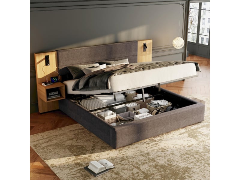  Lit velours gris 160x200 cm, tête large, led et usb, 2 tables de chevet avec rangements, sommier à lattes bois  - Conforama D