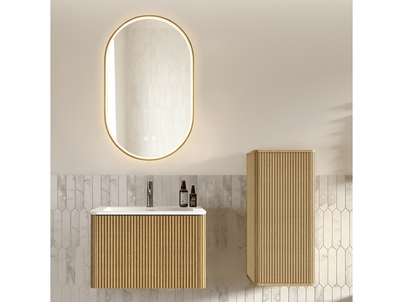  Meuble sous vasque avec meuble latéral, miroir led réglable, rangement mural pour salle de bain en mdf, coloris chêne  - Conforama C