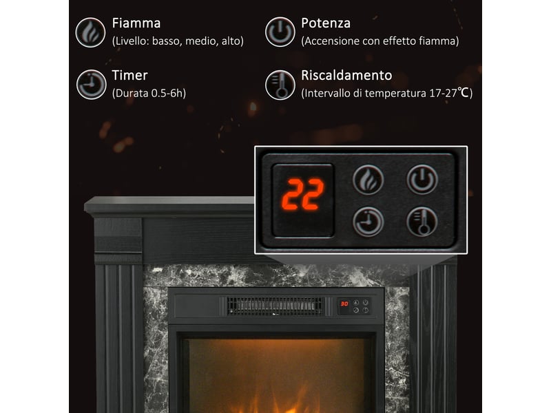  Cheminée électrique sur pied avec minuterie, flamme et température réglables, 80 x 21,6 x 67,8 cm, noire  - Conforama E