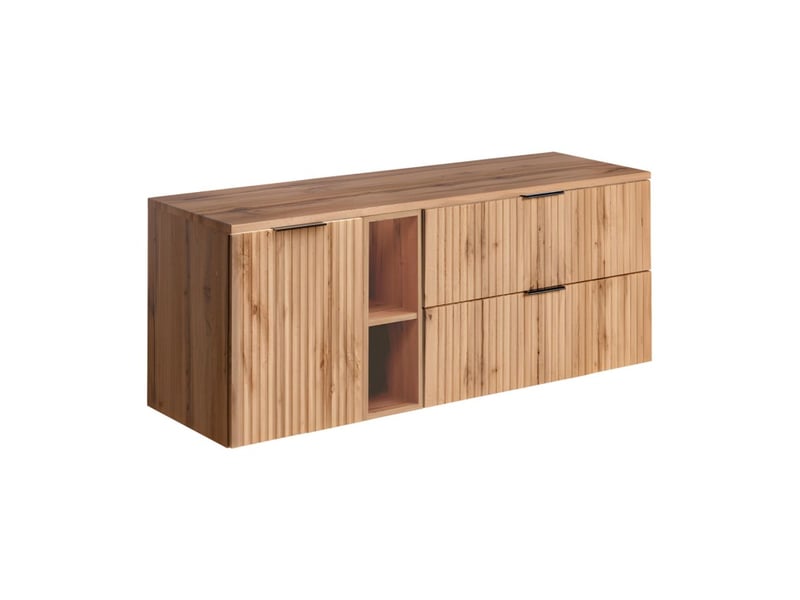 Ensemble de salle de bain noxera 140 cm – chêne wotan – plan pour vasque avec niches et panier à linge - Conforama A