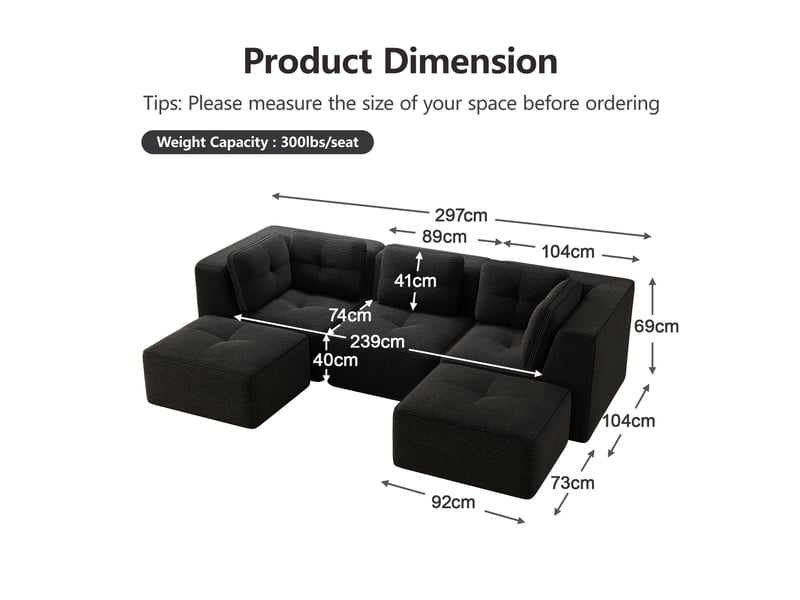  Canapé d'angle modulaire sans structure avec assise profonde et dossier souple, en corduroy, noir  - Conforama E
