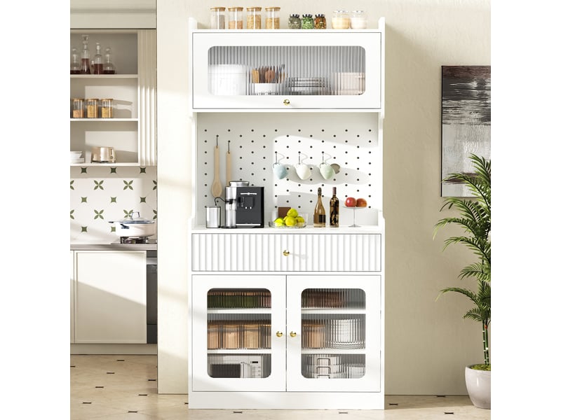  Buffet haut cuisine blanc 180 cm, armoire de cuisine avec led, portes en verre nervuré et tiroirs  - Conforama E