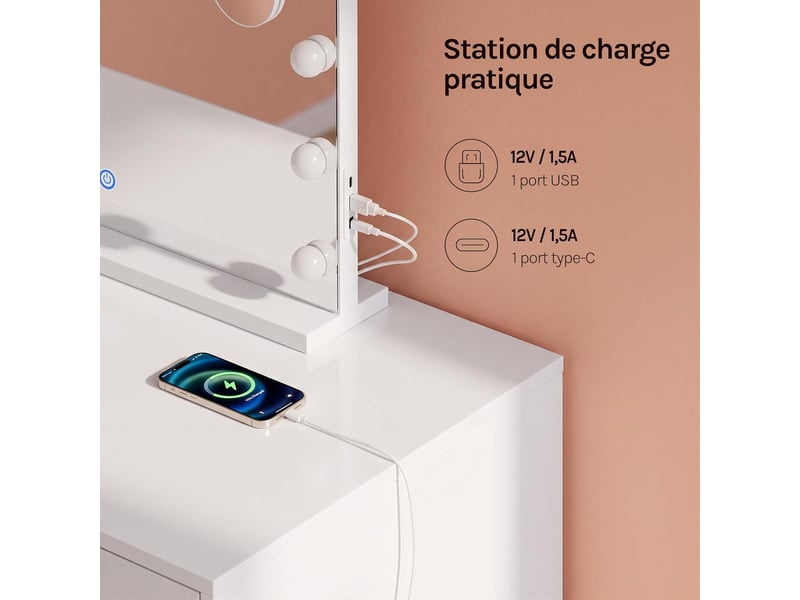  Miroir coiffeuse led, 15 ampoules led réglables,rectangulaire,58x48 cm, avec loupe grossissant 5x amovible, port usb type-c  - Conforama E