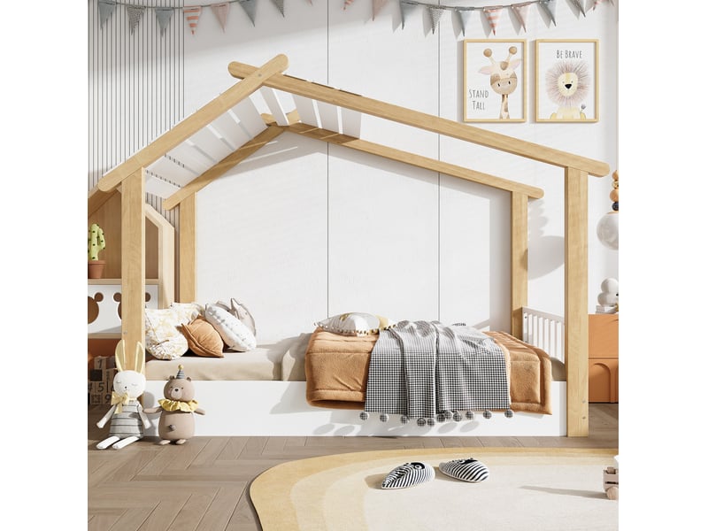  Lit cabane enfant 90x200 cm, lit maison bois avec sommier, chambre d'enfant, bois et mdf, blanc naturel, sans matelas  - Conforama B