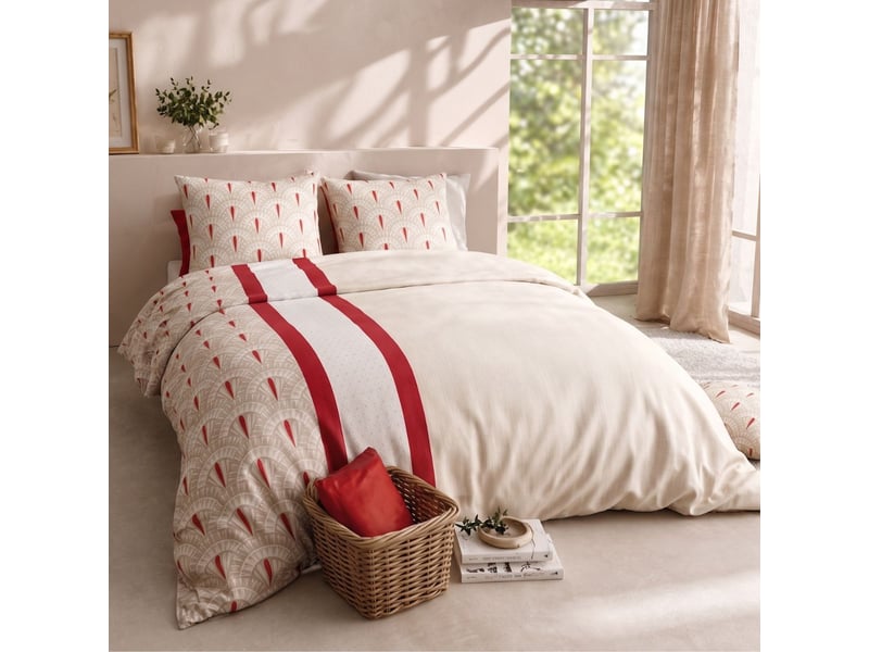  Parure housse de couette 260x240cm + 2 taies motif art-déco rouge et beige 100% coton - linoa LINOA - Conforama B