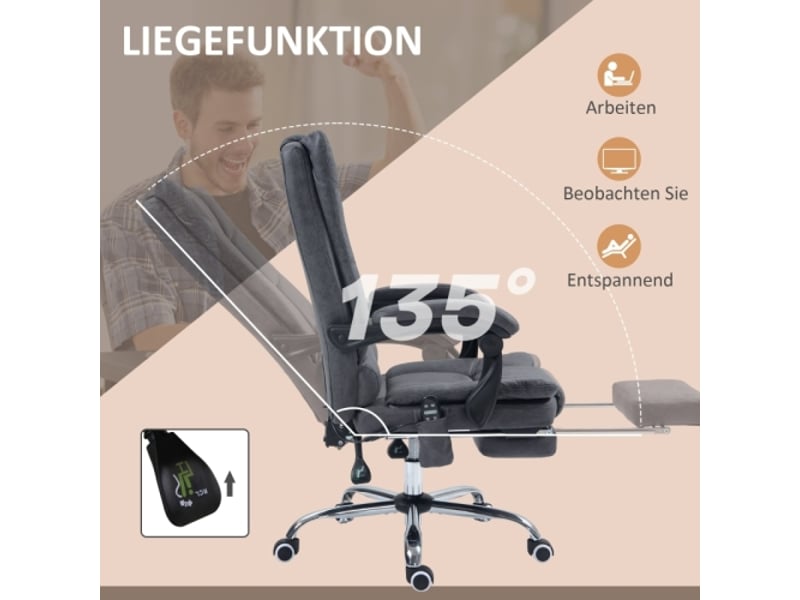  Chaise de bureau massante chauffante, inclinable à 135°, réglable, 120 kg, gris foncé  - Conforama D