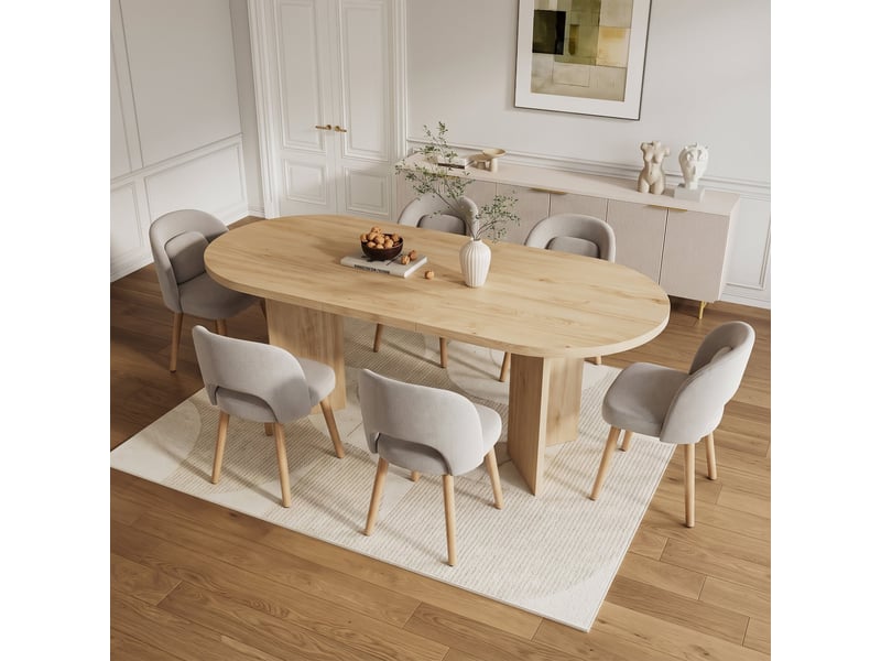 Ensemble table 200 x 90 cm et 6 chaises de salle à manger, coins arrondis, plateau épais, chaises en bois avec coussins, style épuré - Conforama D