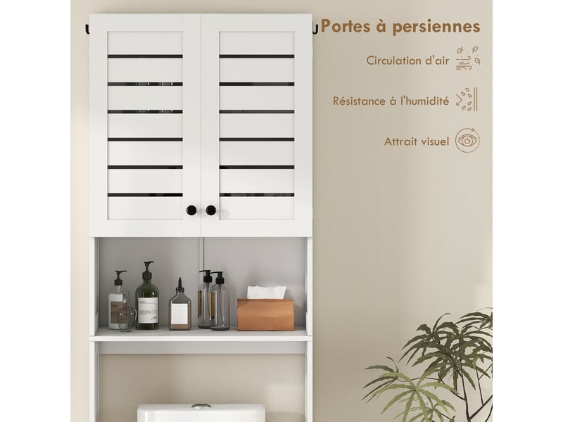 Meuble wc dessus de toilettemachine à laver avec placard à porte double, portes à persiennes, blanc, 67x31,5x190cm - Conforama E