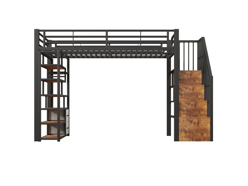  Lit surélevé 90 x 200 cm noir, tiroirs en tissu, marches intégrées, garde-corps, led, rangement sous lit, sans matelas  - Conforama A