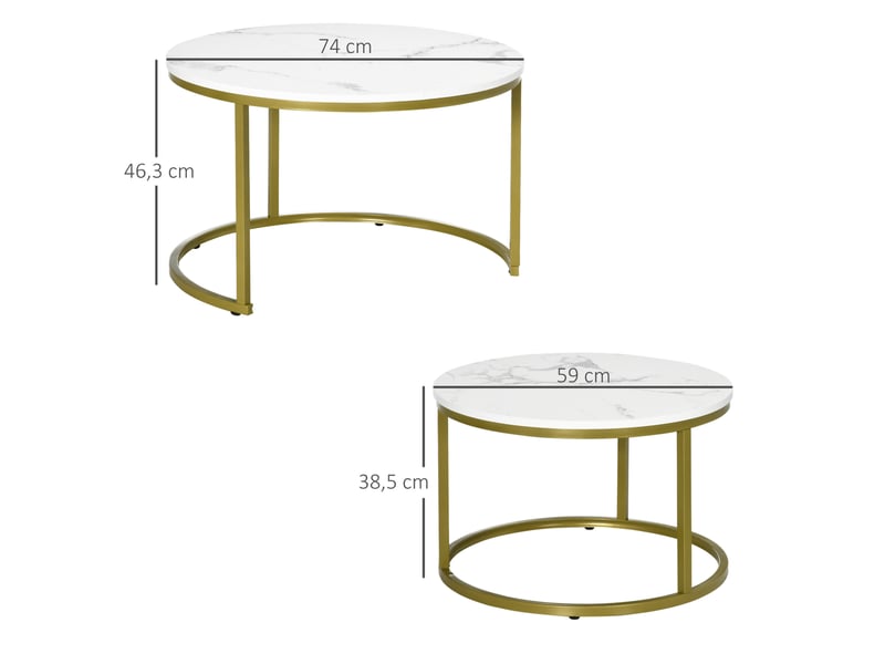  Lot de 2 tables basses rondes blanches effet marbre, structure en acier doré, gigognes pour le salon  - Conforama C