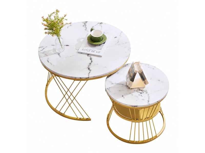  Lot de 2 tables basses gigognes rondes, plateau blanc effet marbre et cadre doré  - Conforama A