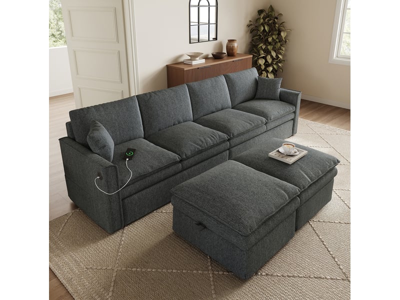  Canapé d'angle modulable modenvie 6 places en u ou en l avec 2 poufs mobiles dotés d'un rangement, tissu coton et lin gris, 277 x 135 x 80 cm  - Conforama D