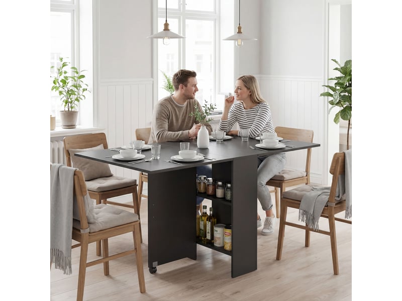  Table de cuisine pliante à 2 roulettes, 2 étagères de rangement et 2 rallonges rabattables, style moderne, 75 x 140 x 74 cm, noire  - Conforama C