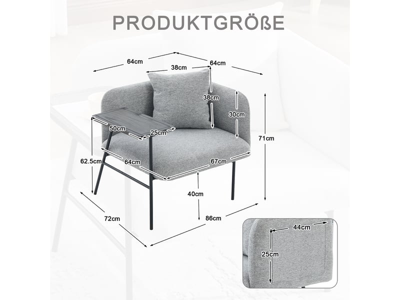  Fauteuil avec table d’appoint et poches de rangement, assise rembourrée en chenille gris, 86 × 72 × 71 cm  - Conforama D