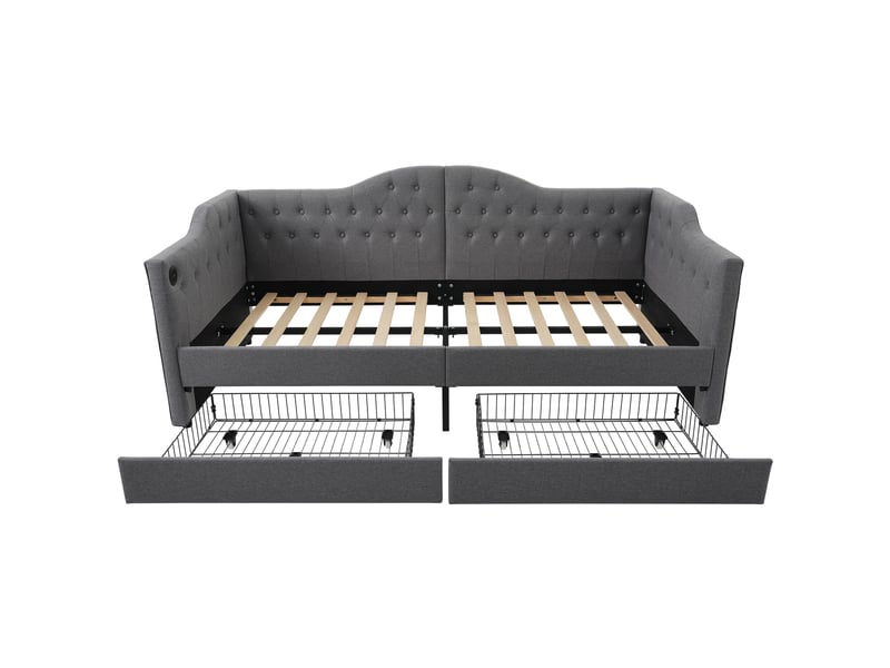 Lit coffre simple 90x200cm avec chargement usb, éclairage led, 2 tiroirs et tête de lit réglable - Conforama W