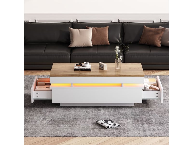  Table basse led - dimensions - blanc + ton bois - éclairage led intégré - 2 tiroirs avec glissières 100x50x35cm - Conforama C