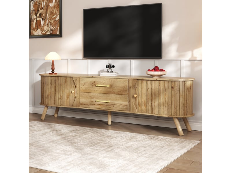 Meuble tv 160x36,5x55 cm, 2 portes coulissantes et 2 tiroirs, armoire de rangement, pieds bois, mdf, couleur naturel  - Conforama W