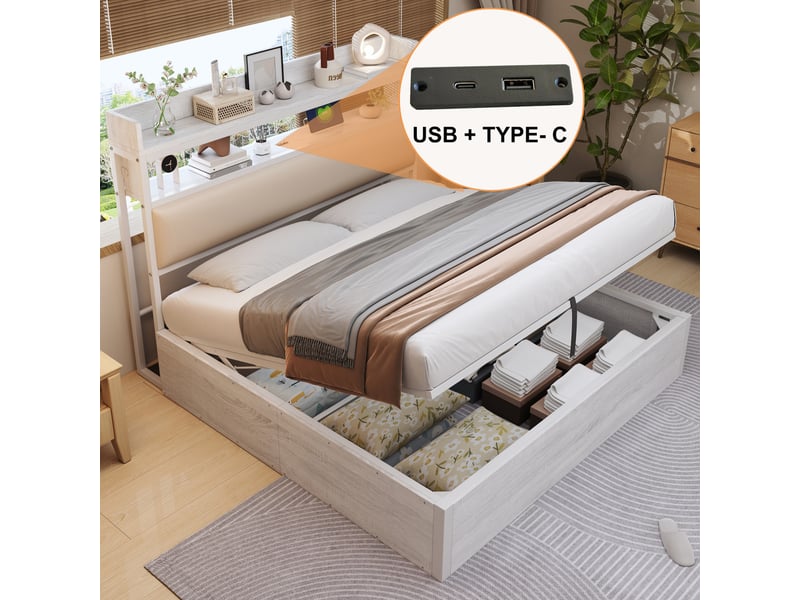  Lit coffre 180x200 cm blanc bois métal avec usb et rangement hydraulique  - Conforama E