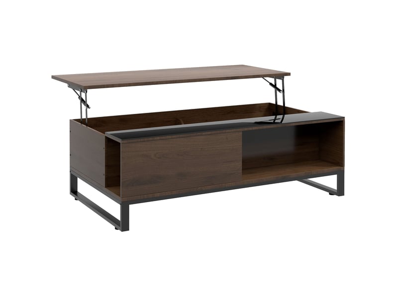 Table basse relevable avec 2 compartiments cachés et étagère ouverte, plateau en verre, noyer et noir pour salon - Conforama A