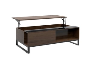 Table basse relevable avec 2 compartiments cachés et étagère ouverte, plateau en verre, noyer et noir pour salon