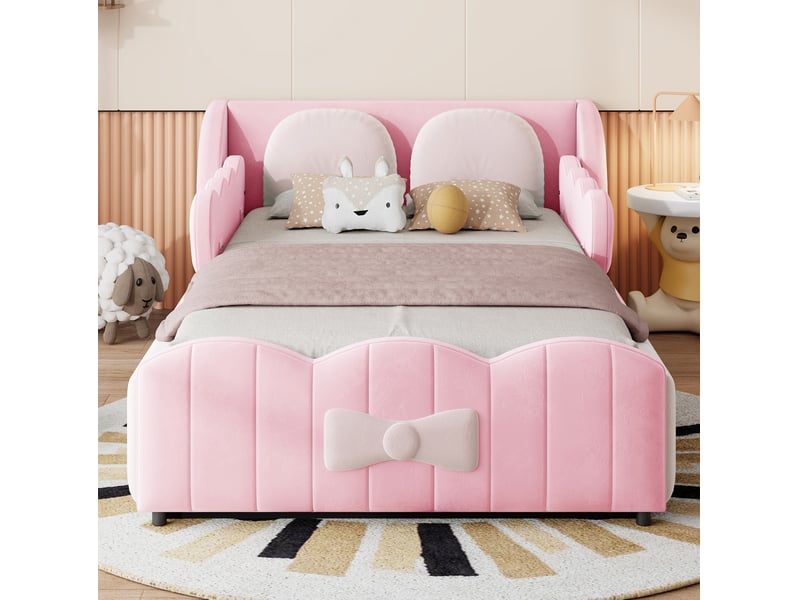  Lit enfant 90x200 cm, lit simple avec rangement hydraulique en velours couleur rose sans matelas, coussins décoratifs  - Conforama D