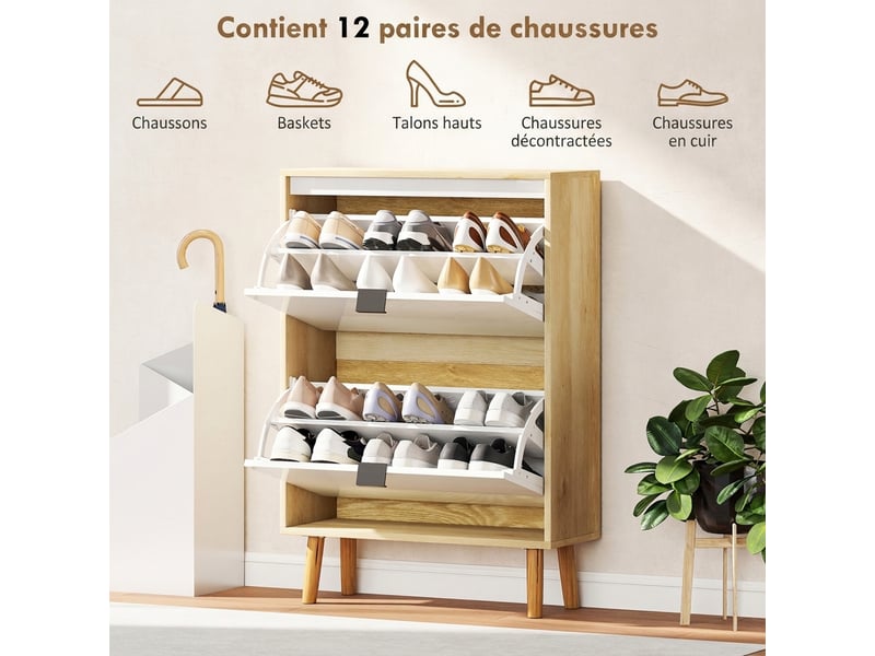  Meuble à chaussures, armoire à chaussures étroite, 2 tiroirs rabattables, portes haute brillante, 60x24x91cm, blanc  - Conforama E