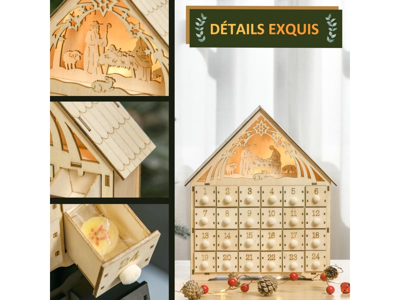  Calendrier de l'avent à remplir en bois, 26,6x6x30cm, décoration de noël avec 24 tiroirs et 5 lumières led, bois naturel  - Conforama R
