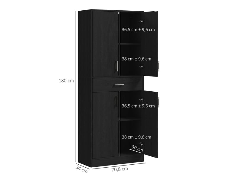  Buffet haut armoire de cuisine 4 portes 2 placards et 1 tiroir central hauteur 180 cm avec 2 réglables étagères noir  - Conforama C