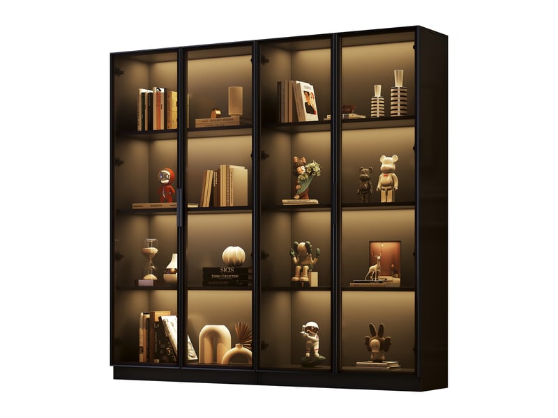 Vitrine tcqpz 4 portes en verre avec led contrôlée par application 160 x 40 x 160 cm rangement sur pied panneau de particules noir - Conforama A