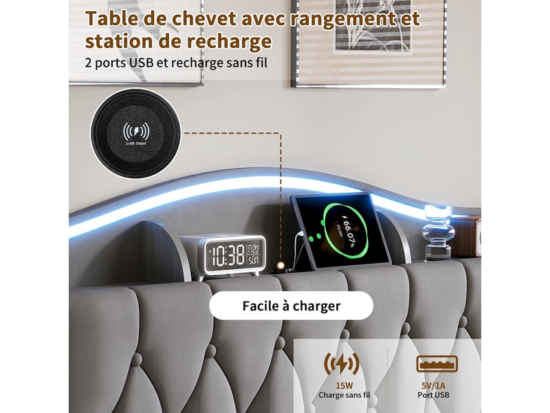 Kefsr lit coffre 140x190 cm en velours gris - lit adulte 2 places avec sommier relevable, éclairage led rgb, tête de lit avec rangement et prise usb charge sans fil - Conforama E