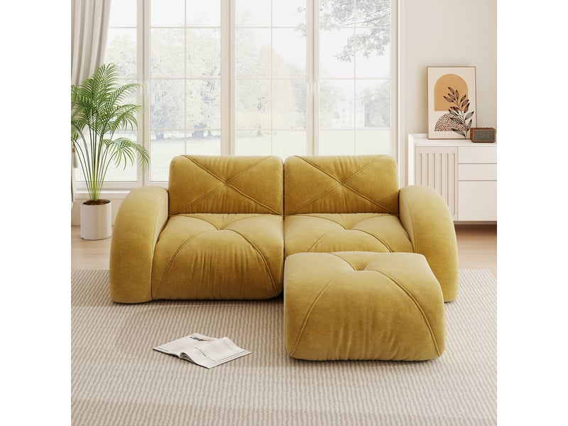 Canapé modulable, canapé 2 places – en tissu chenille, mousse haute densité, jaune, base antidérapante, avec pouf - Conforama R